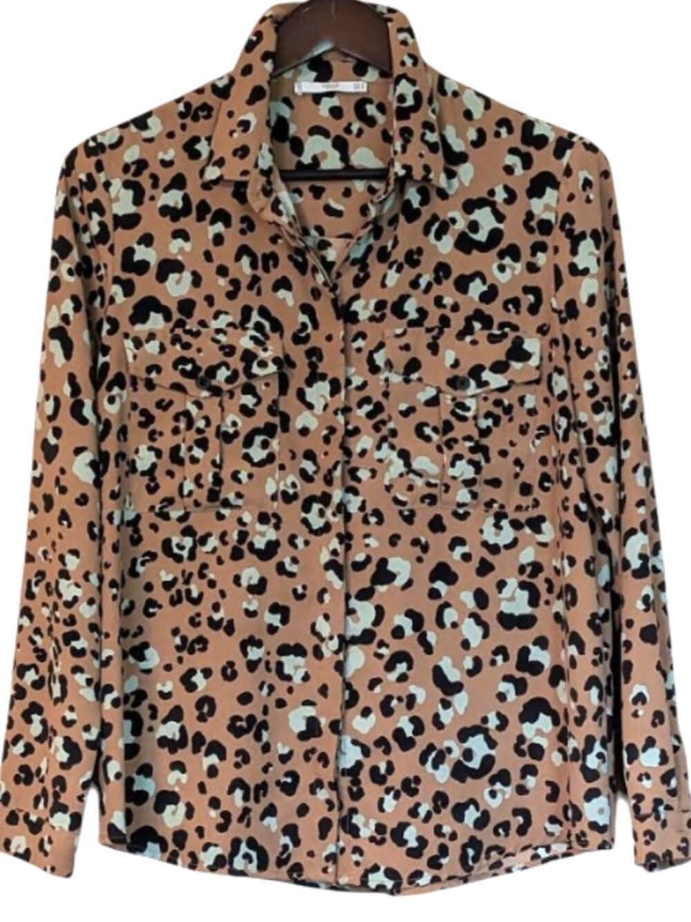 Mango MNG Basics Leopard Print Button Up Blouse Tan Black Pale Sage Size 6